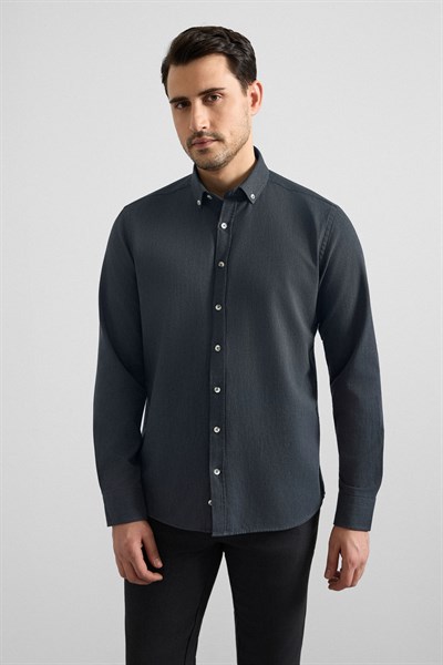 Antrasit Slim Düğmeli Yaka Düz Cepsiz Casual Gömlek