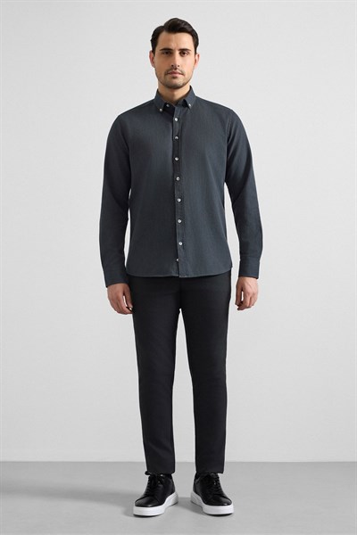 Antrasit Slim Düğmeli Yaka Düz Cepsiz Casual Gömlek