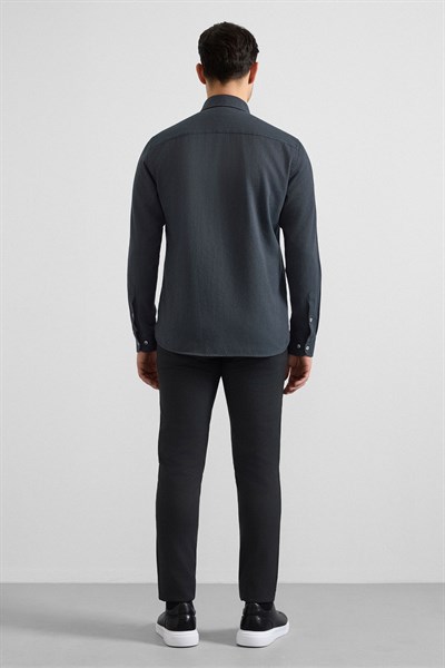 Antrasit Slim Düğmeli Yaka Düz Cepsiz Casual Gömlek