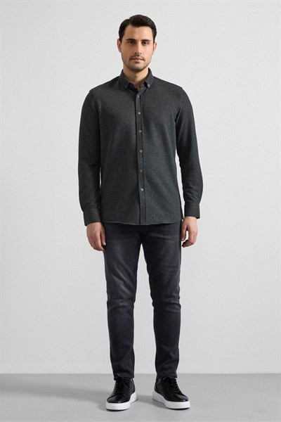 Antrasit Slim Düğmeli Yaka Manşetli Casual Gömlek