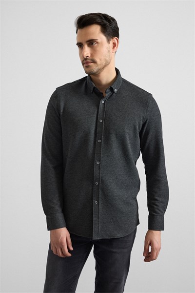 Antrasit Slim Düğmeli Yaka Manşetli Casual Gömlek