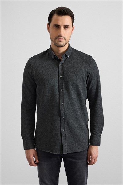 Antrasit Slim Düğmeli Yaka Manşetli Casual Gömlek
