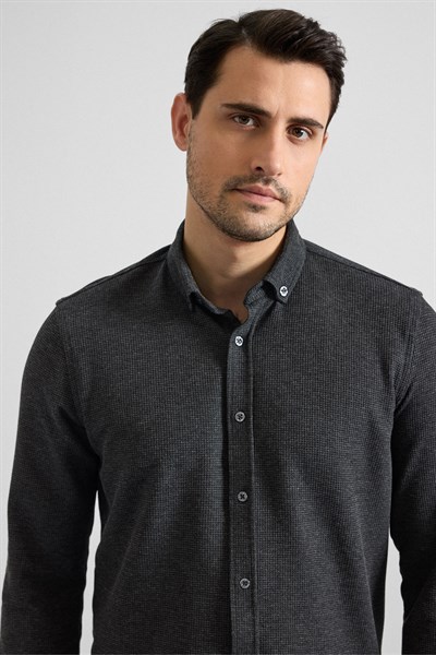 Antrasit Slim Düğmeli Yaka Manşetli Casual Gömlek