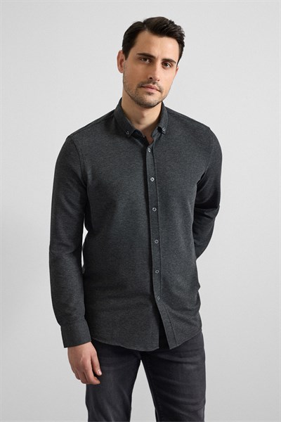 Antrasit Slim Düğmeli Yaka Manşetli Casual Gömlek