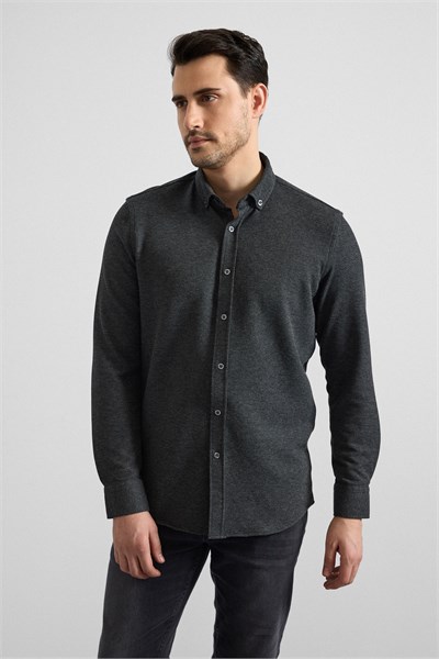 Antrasit Slim Düğmeli Yaka Manşetli Casual Gömlek