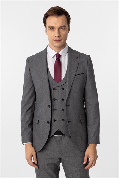 Antrasit Slim Fit Düz Sivri Yaka 6 Drop Yelekli Klasik Takım Elbise