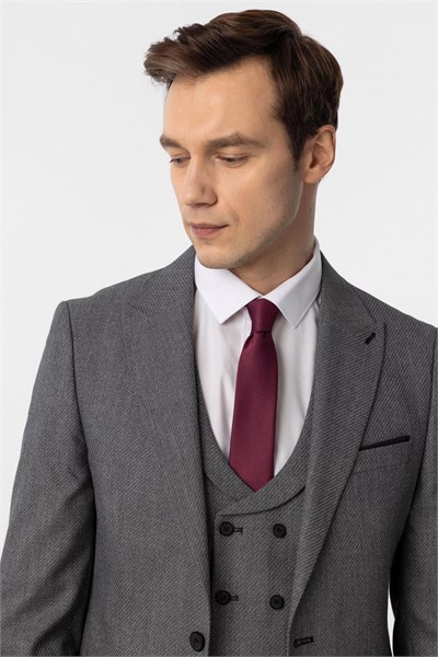 Antrasit Slim Fit Düz Sivri Yaka 6 Drop Yelekli Klasik Takım Elbise