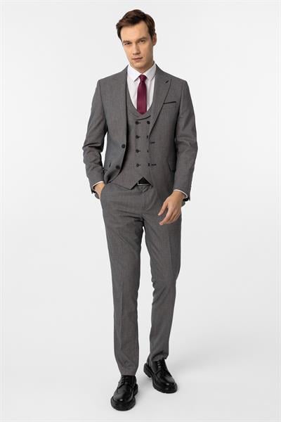 Antrasit Slim Fit Düz Sivri Yaka 6 Drop Yelekli Klasik Takım Elbise