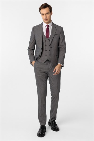Antrasit Slim Fit Düz Sivri Yaka 6 Drop Yelekli Klasik Takım Elbise