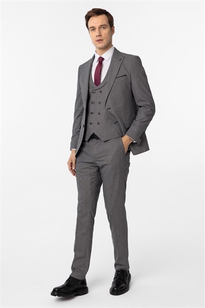Antrasit Slim Fit Düz Sivri Yaka 6 Drop Yelekli Klasik Takım Elbise