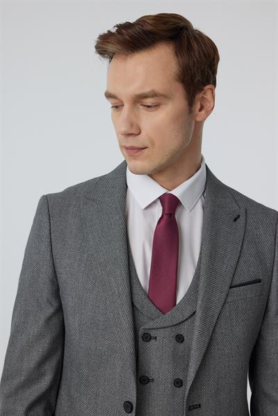 Antrasit Slim Fit Düz Sivri Yaka 6 Drop Yelekli Klasik Takım Elbise