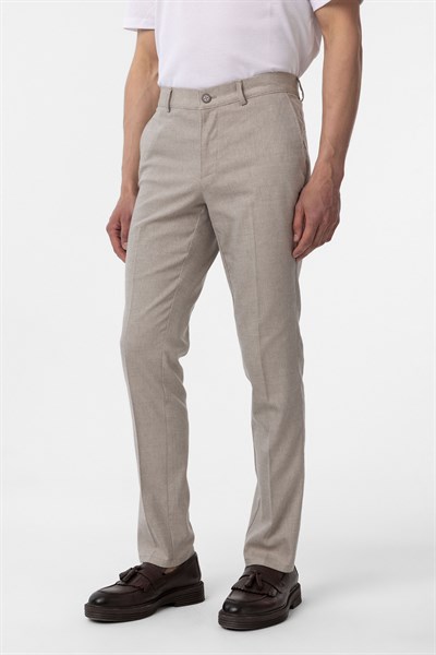 Bej Regular Armürlü Kanvas Pantolon