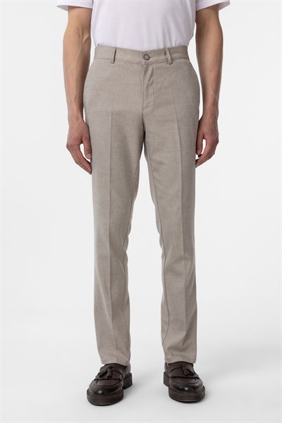 Bej Regular Armürlü Kanvas Pantolon