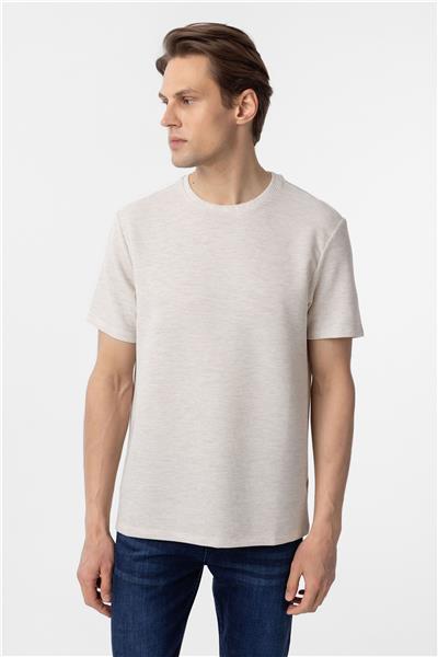 Bej Regular Armürlü Bisiklet Yaka Tişört