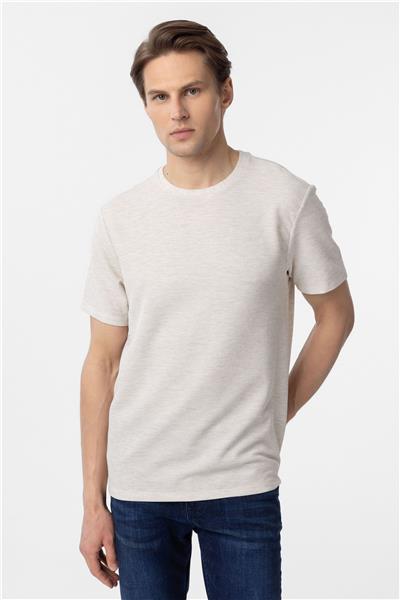 Bej Regular Armürlü Bisiklet Yaka Tişört