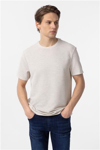 Bej Regular Armürlü Bisiklet Yaka Tişört