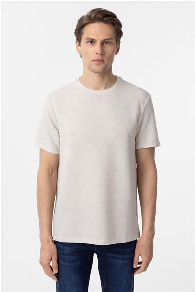 Bej Regular Armürlü Bisiklet Yaka Tişört