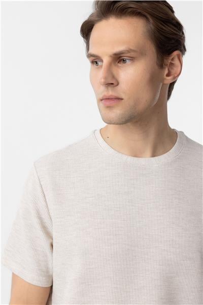 Bej Regular Armürlü Bisiklet Yaka Tişört