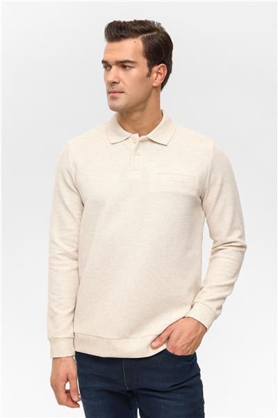 Bej Regular Armürlü Polo Yaka Sweatshirt