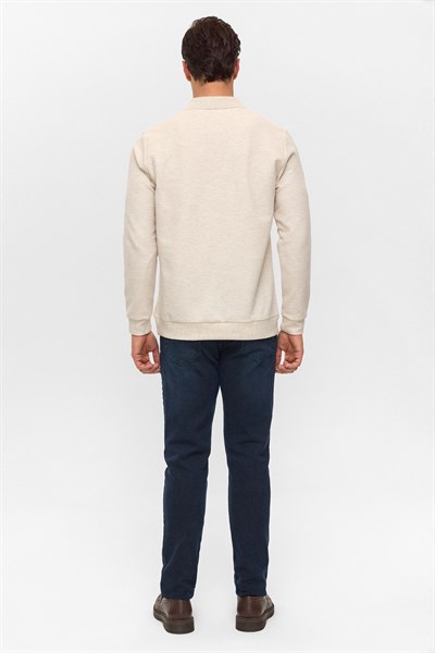 Bej Regular Armürlü Polo Yaka Sweatshirt