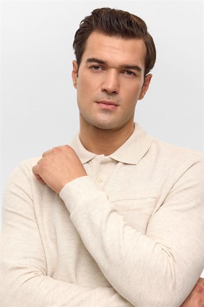 Bej Regular Armürlü Polo Yaka Sweatshirt