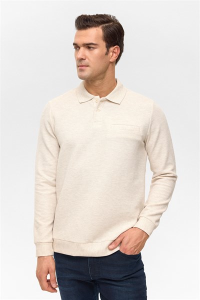 Bej Regular Armürlü Polo Yaka Sweatshirt