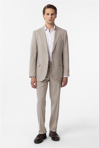 Bej Regular Desenli 6 Drop Klasik Takım Elbise