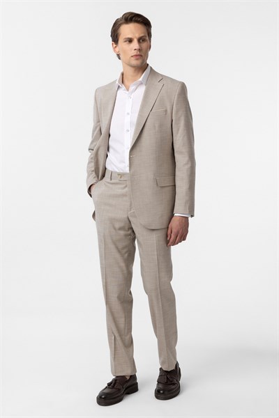 Bej Regular Desenli 6 Drop Klasik Takım Elbise