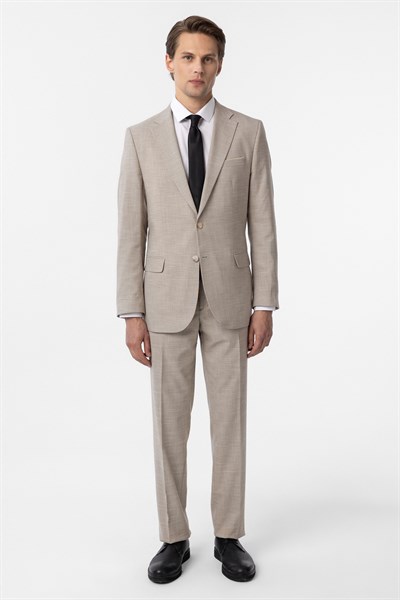 Bej Regular Desenli 6 Drop Klasik Takım Elbise