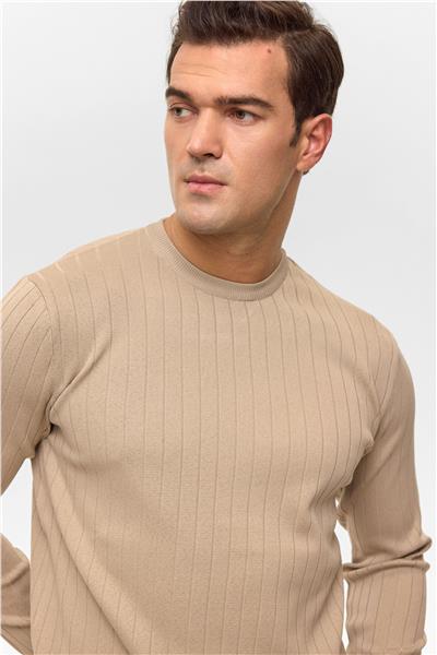 Bej Regular Desenli Bisiklet Yaka Triko Kazak