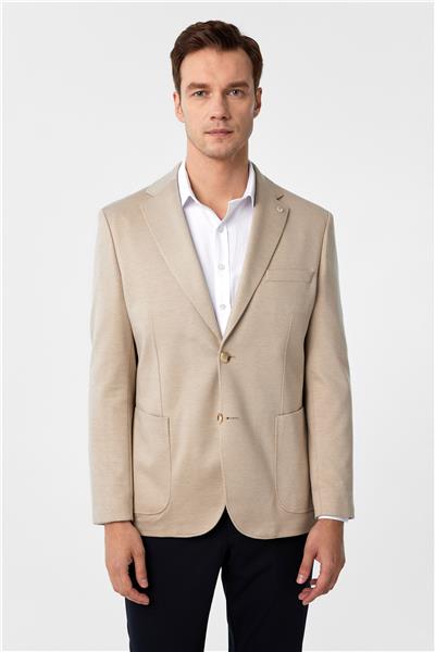 Bej Regular Fit Desenli Mono Yaka 4 Drop Ceket