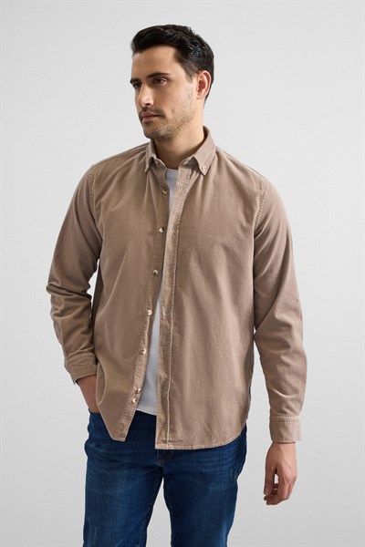 Bej Regular Düğmeli Yaka Casual Gömlek