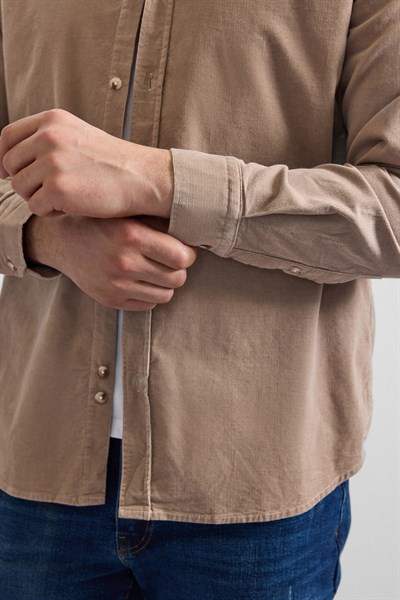 Bej Regular Düğmeli Yaka Casual Gömlek