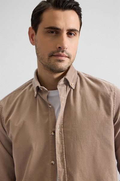 Bej Regular Düğmeli Yaka Casual Gömlek