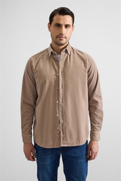Bej Regular Düğmeli Yaka Casual Gömlek
