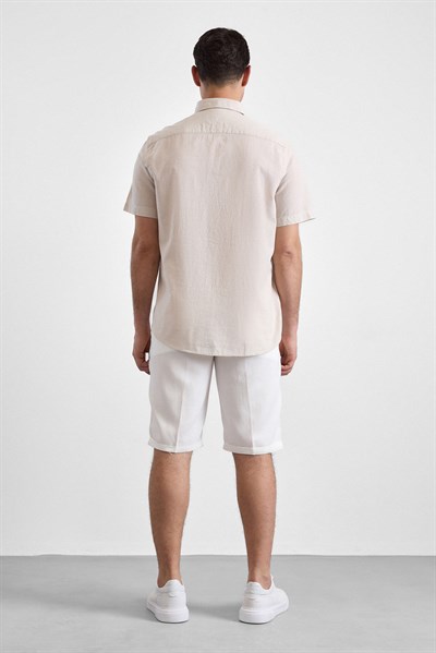 Bej Regular Düğmeli Yaka Düz Kısa Kollu Casual Gömlek