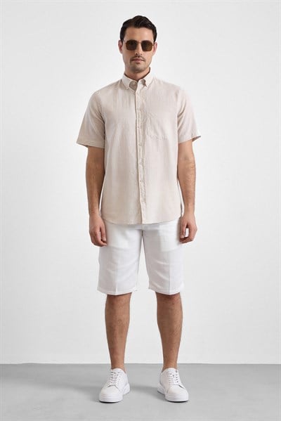 Bej Regular Düğmeli Yaka Düz Kısa Kollu Casual Gömlek