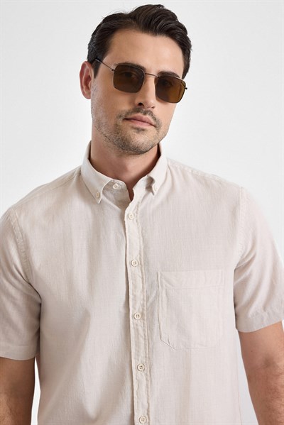 Bej Regular Düğmeli Yaka Düz Kısa Kollu Casual Gömlek