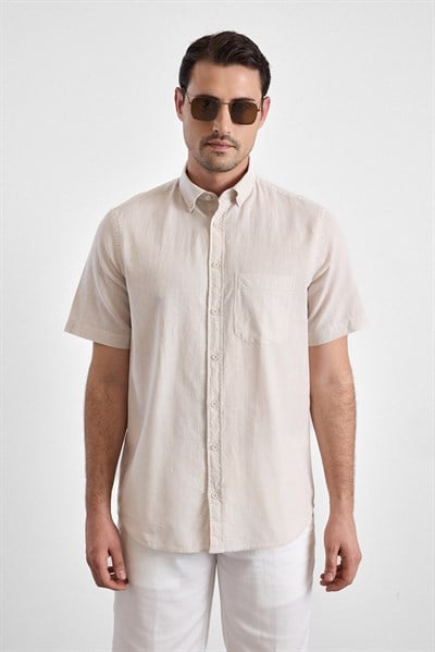 Bej Regular Düğmeli Yaka Düz Kısa Kollu Casual Gömlek