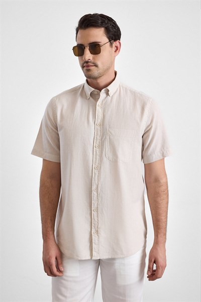 Bej Regular Düğmeli Yaka Düz Kısa Kollu Casual Gömlek