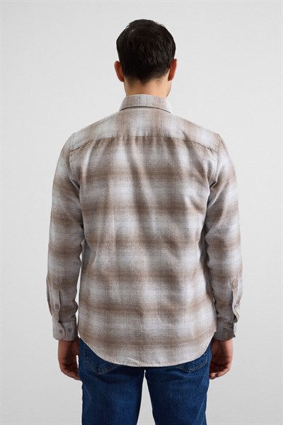 Bej Regular Düğmeli Yaka Kareli Casual Gömlek