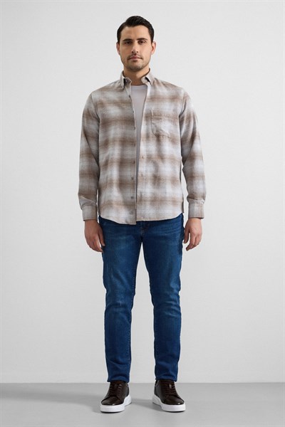 Bej Regular Düğmeli Yaka Kareli Casual Gömlek