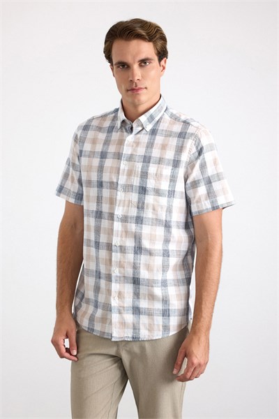 Bej Regular Düğmeli Yaka Kareli Pike Torba Cep Manşetli Kısa Kollu Yıkamalı Casual Gömlek