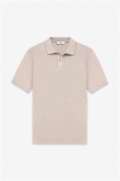 Bej Regular Düz Baskısız Pike Düğmeli Polo Yaka Nefes Alabilen Tişört