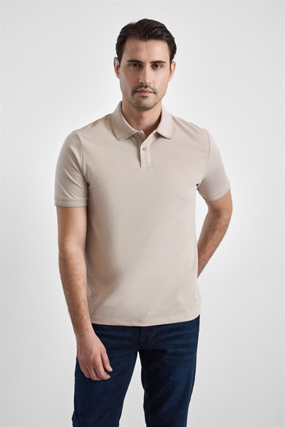 Bej Regular Düz Baskısız Pike Düğmeli Polo Yaka Nefes Alabilen Tişört