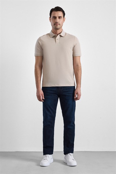 Bej Regular Düz Baskısız Pike Düğmeli Polo Yaka Nefes Alabilen Tişört