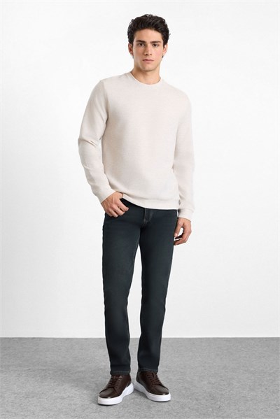 Bej Regular Düz Baskısız Waffle Bisiklet Yaka Cepsiz Sweatshirt