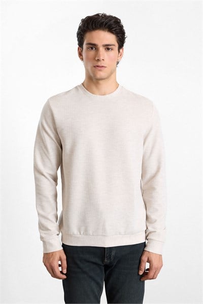 Bej Regular Düz Baskısız Waffle Bisiklet Yaka Cepsiz Sweatshirt
