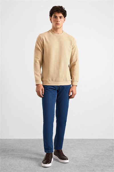 Bej Regular Düz Bisiklet Yaka Sweatshirt