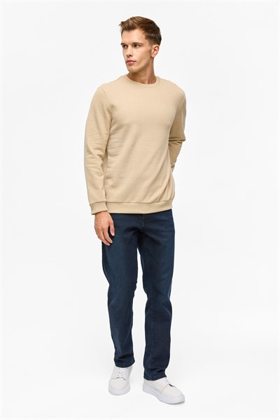 Bej Regular Düz Bisiklet Yaka Sweatshirt